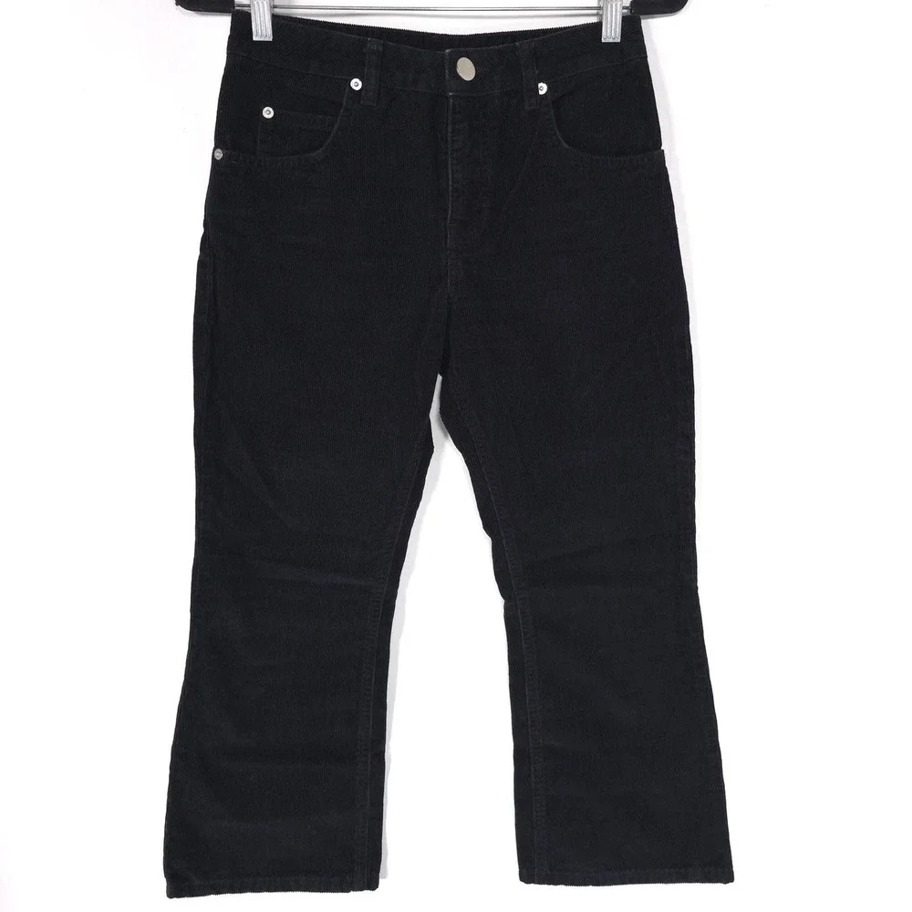 asos Black Corduroy Flare Pants 26/28 Straight Bootcut Jeans Cotton Turkey Crop - Picture 4 of 13